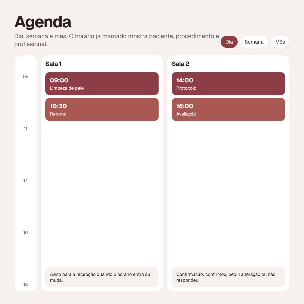 Agenda do dia com salas e horários