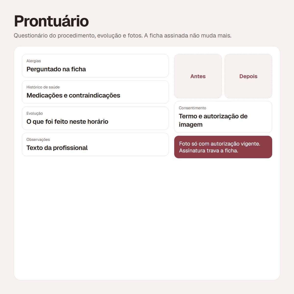 Prontuário com evolução e fotos antes e depois