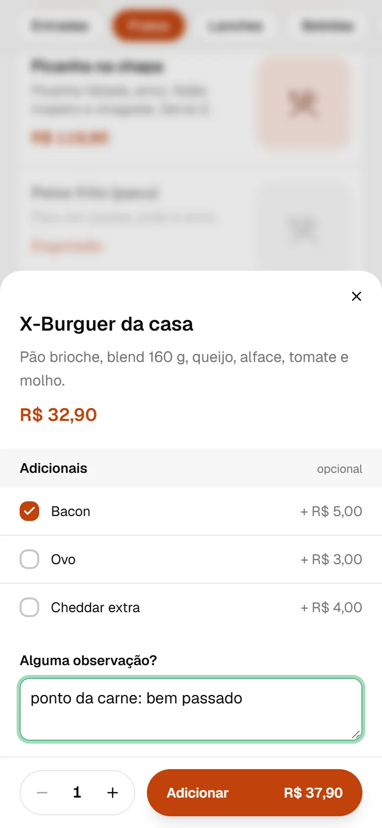 Escolhendo adicionais do lanche