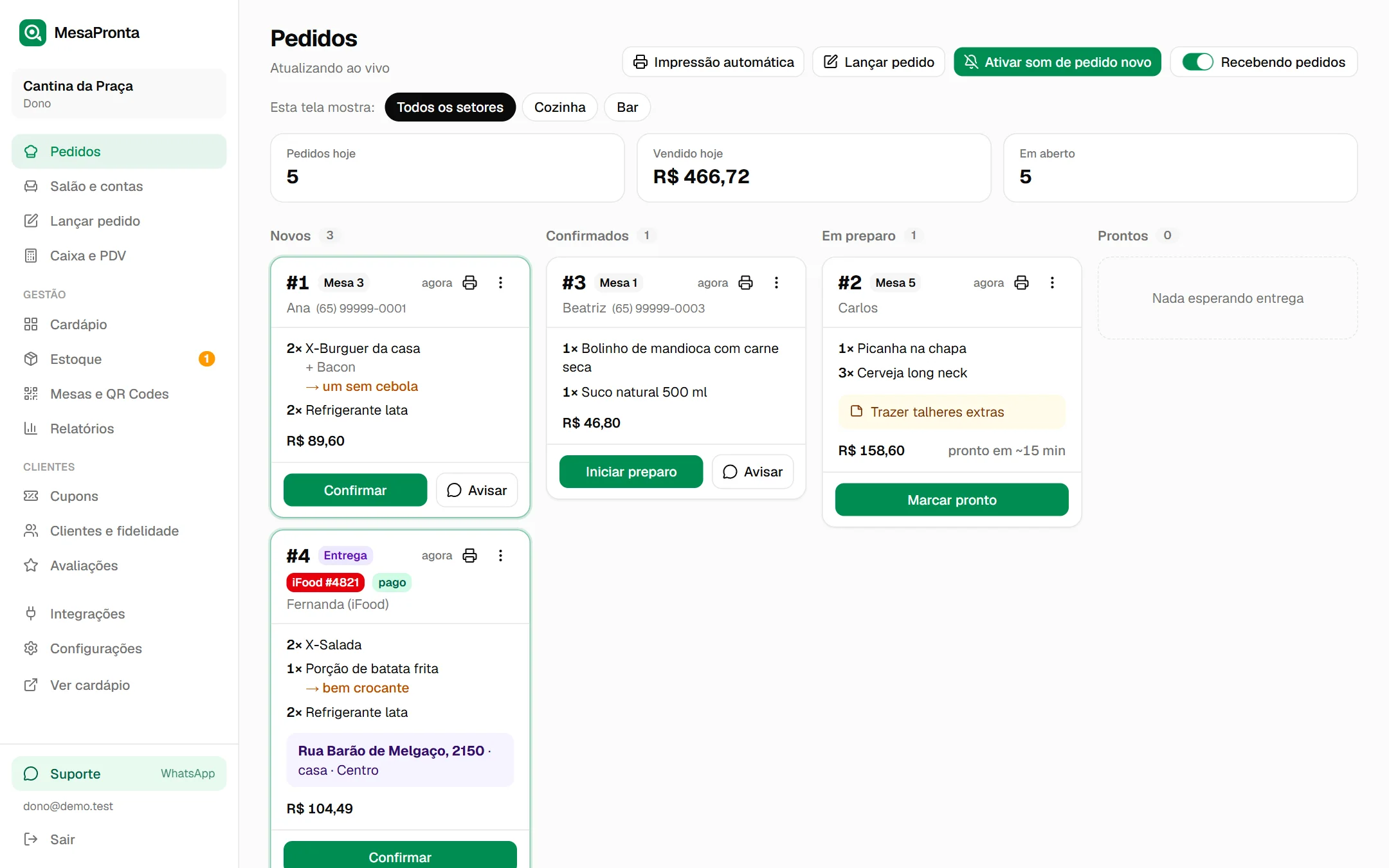 Tela da cozinha com um pedido novo chegando